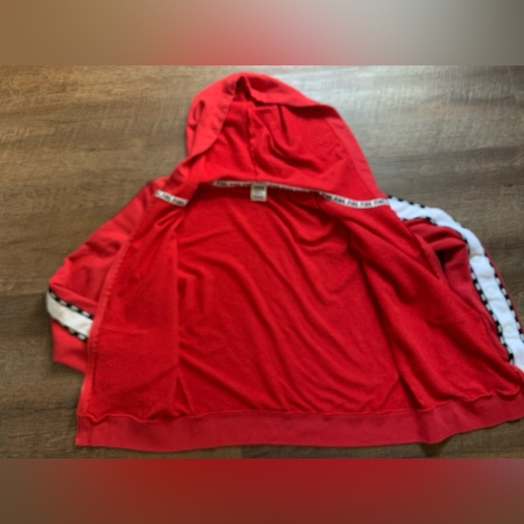 PINK Victoria s Secret red zip-up hoodie Y2K white stripe snap details sz L - Picture 2 of 14